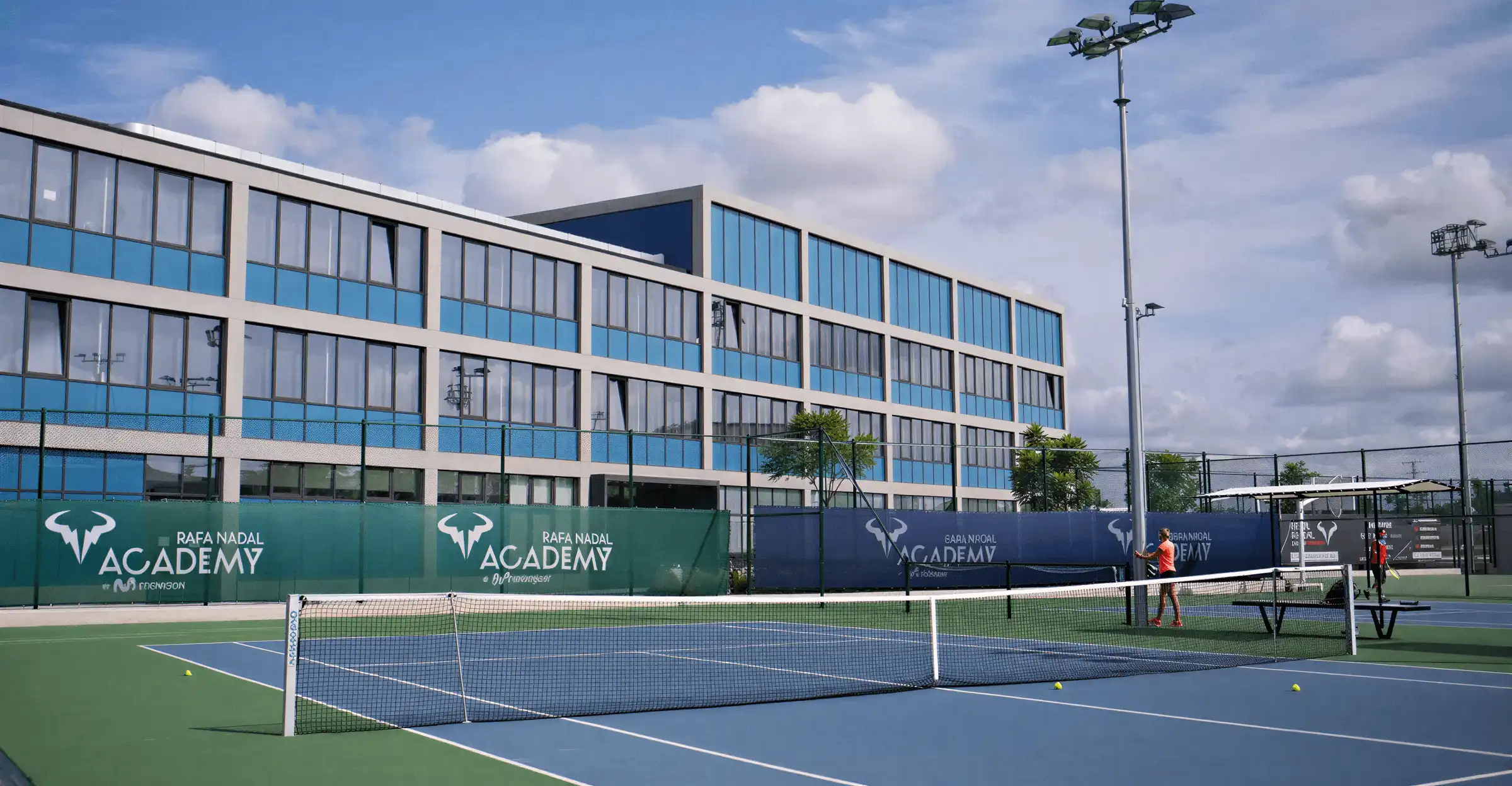 Greenset courts in front of an academy residence building with players training