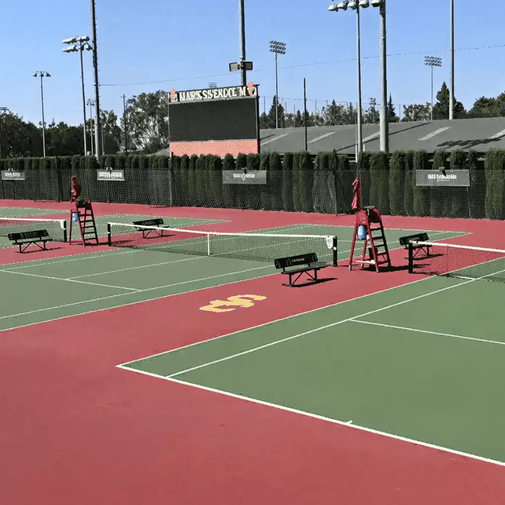 Red and green Greenset outdoor tennis court with floodlights and umpire chairs